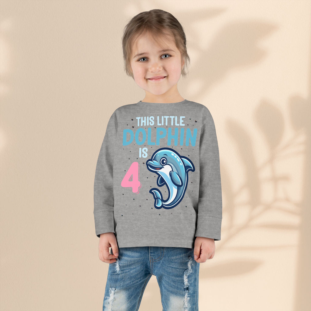 Dolphin Birthday Tee for 4-Year-Olds, Cute Dolphin Birthday Tee for Kids, Toddler Long Sleeve, 4th Birthday Gift, Ocean-Themed Shirt