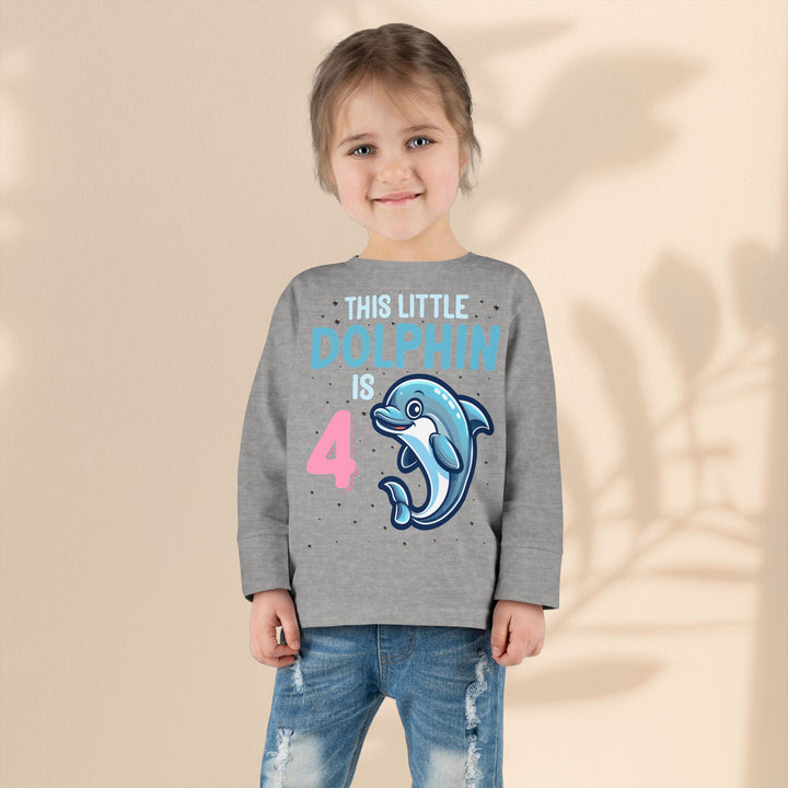 Dolphin Birthday Tee for 4-Year-Olds, Cute Dolphin Birthday Tee for Kids, Toddler Long Sleeve, 4th Birthday Gift, Ocean-Themed Shirt