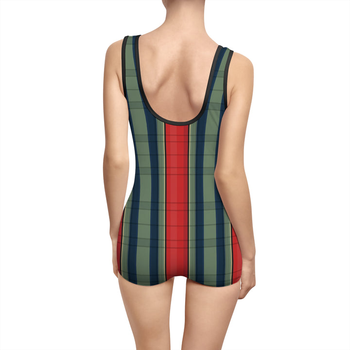 Vintage Red & Green Striped One-Piece Swimsuit | Women’s Retro Style