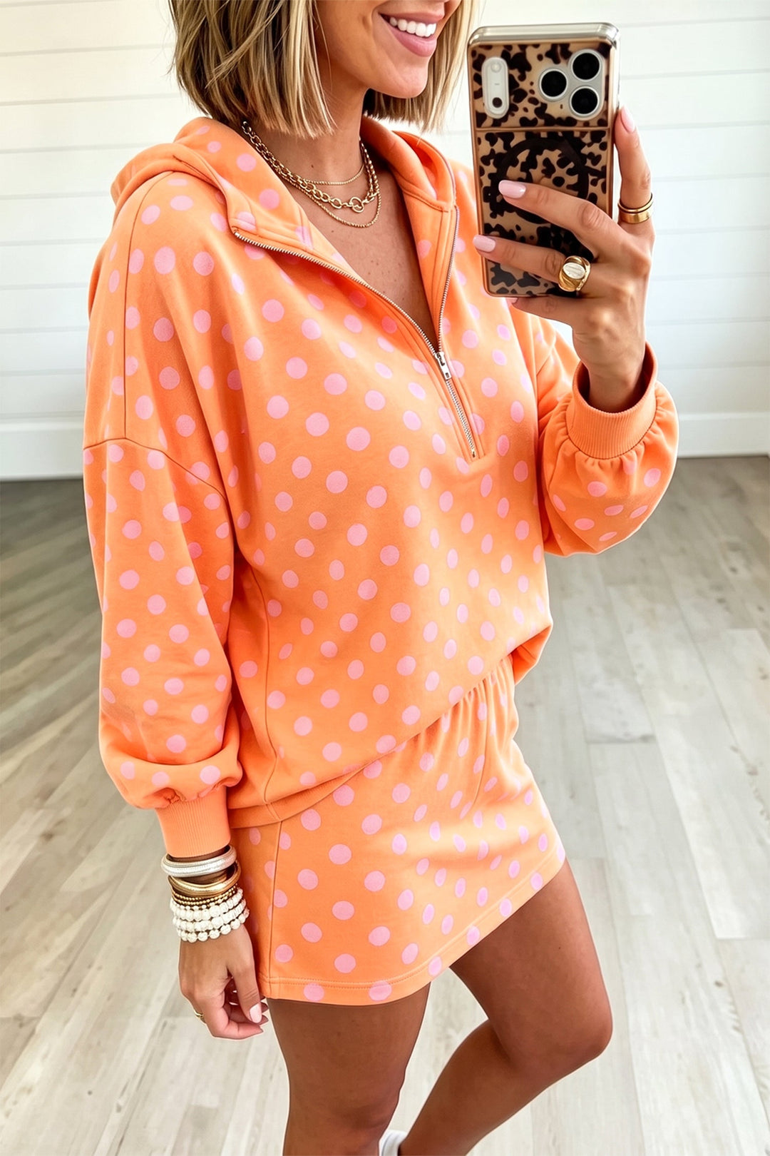 Women’s Pink Polka Dot Hooded Top and Mini Skort Set