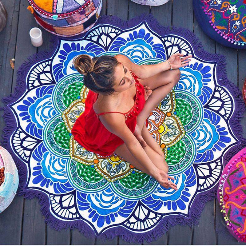 Geometric Polygon-Print Round Towel with Tassels