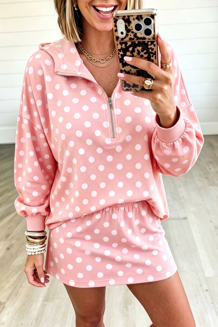 Women’s Pink Polka Dot Hooded Top and Mini Skort Set