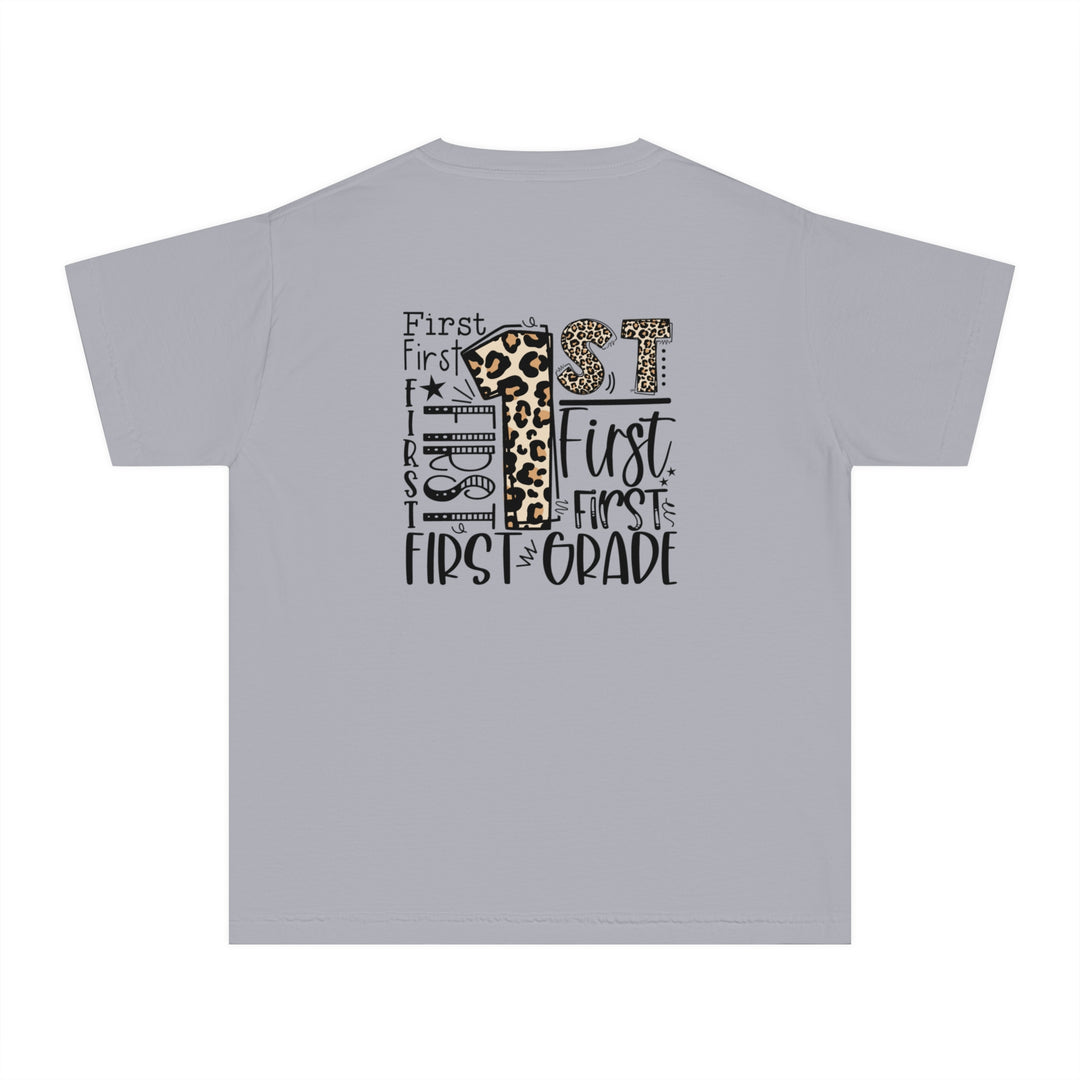 Leopard Print First Grade Youth Tee, Trendy Kids T-Shirt, Back to School Outfit, Gift for First Graders, Fun Learning Apparel