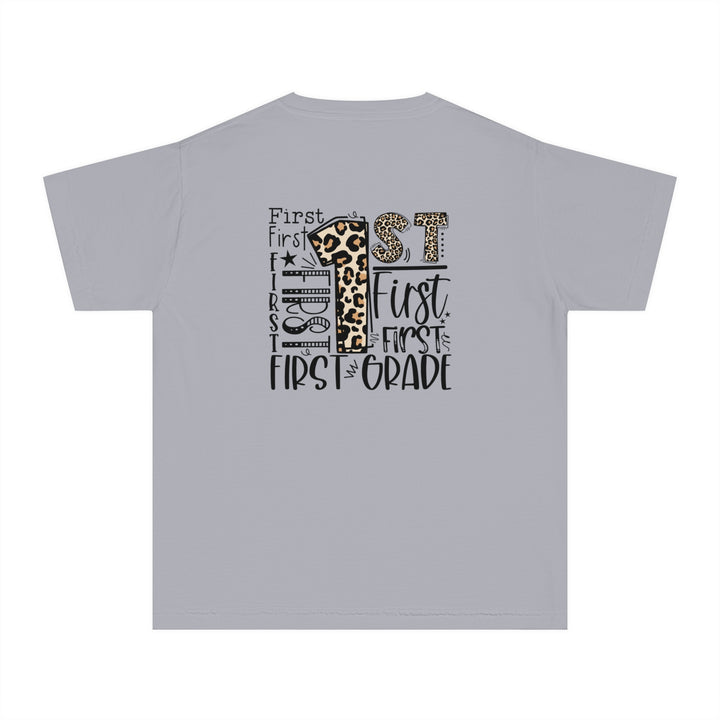 Leopard Print First Grade Youth Tee, Trendy Kids T-Shirt, Back to School Outfit, Gift for First Graders, Fun Learning Apparel
