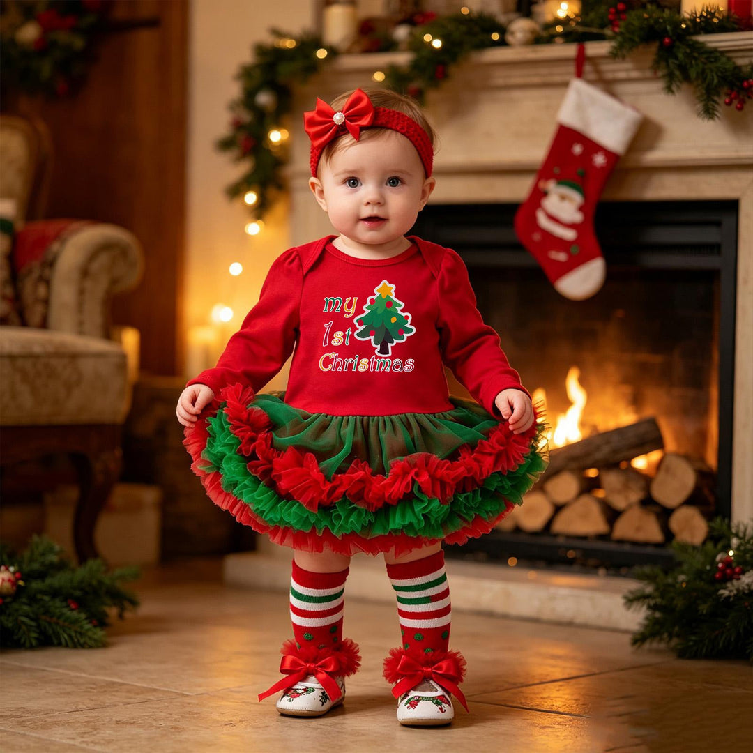 Baby Christmas Romper Dress with Red Tulle 4-Piece Set