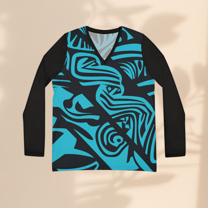Blue Tribal Abstract V-Neck Long Sleeve Shirt