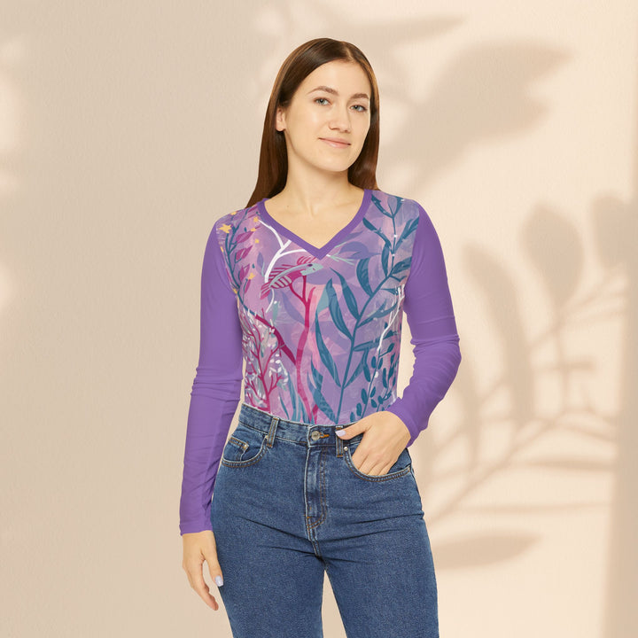 Floral V‑Neck Long Sleeve — Purple Botanical All‑Over Print Top