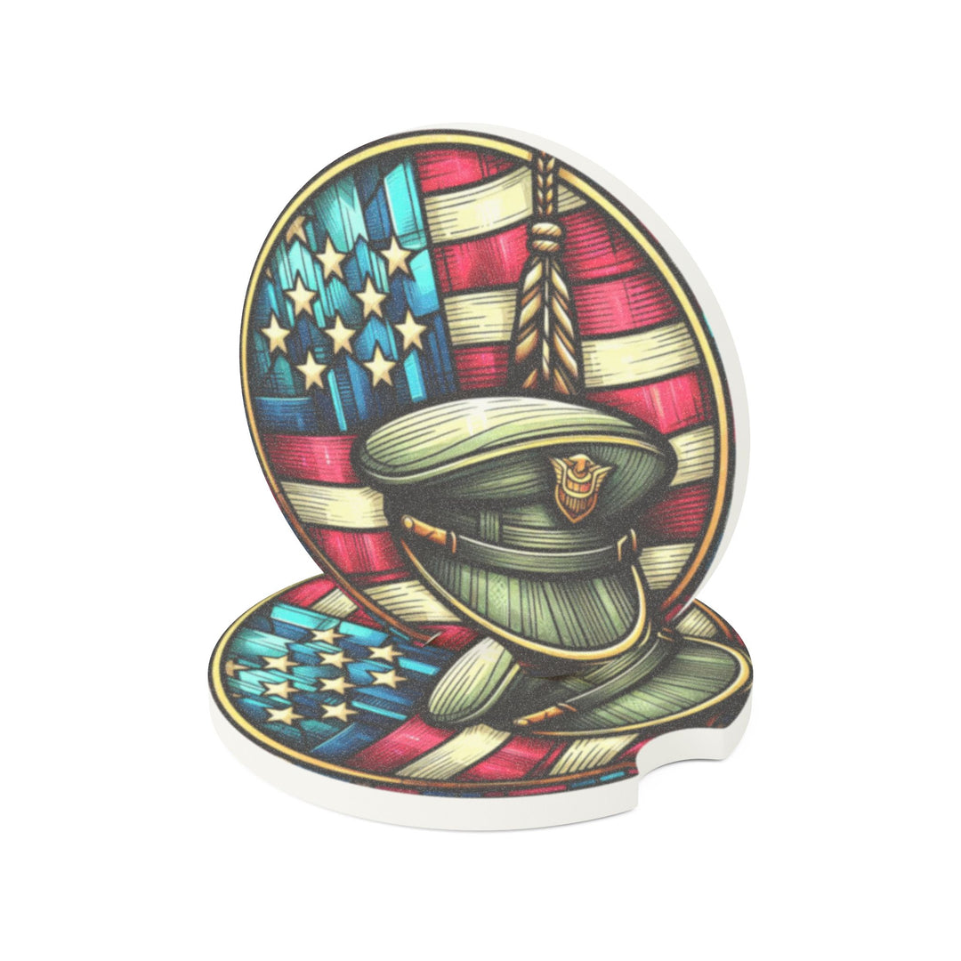 Patriotic Soapstone Car Coaster - USA Flag & Military Hat Design for Veterans and Car Enthusiasts