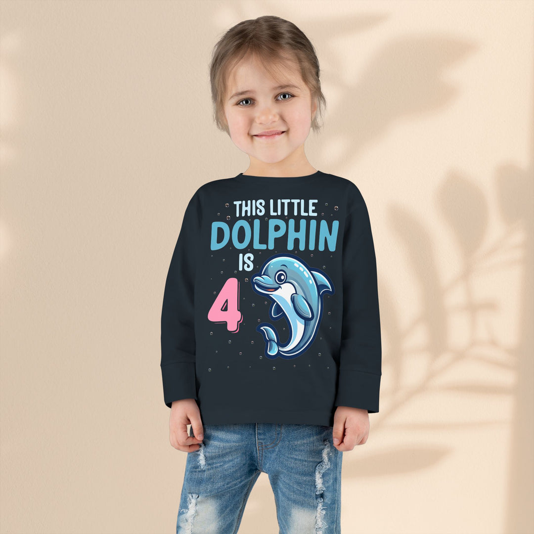 Dolphin Birthday Tee for 4-Year-Olds, Cute Dolphin Birthday Tee for Kids, Toddler Long Sleeve, 4th Birthday Gift, Ocean-Themed Shirt