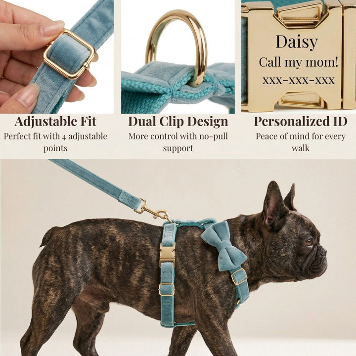 Green Ocean Velvet Personalized Dog Harness, Collar & Leash Set