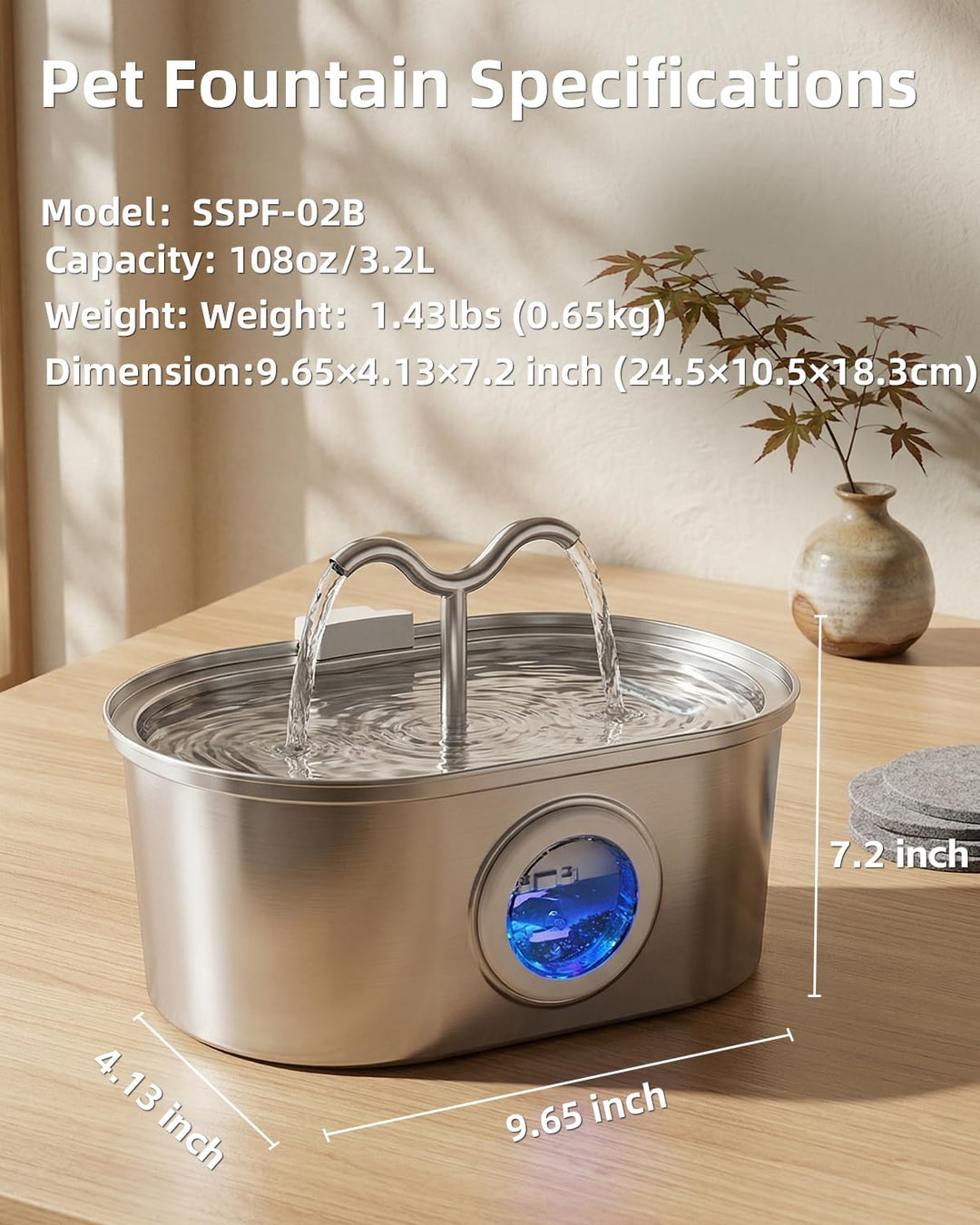 Stainless Steel Cat Water Fountain | 108oz Automatic Pet Fountain