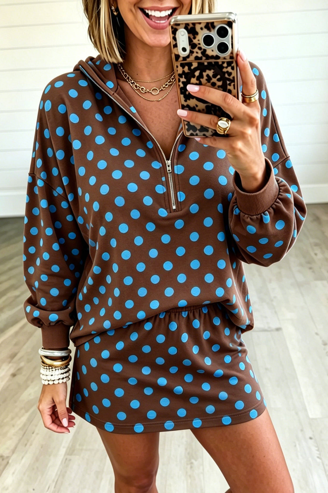 Women’s Pink Polka Dot Hooded Top and Mini Skort Set