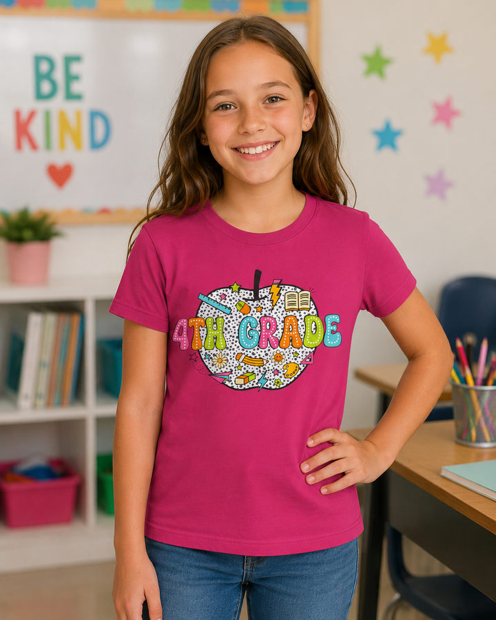 4th Grade Apple Youth T-Shirt, Fun Kids Tee, Back to School Shirt, Teacher Appreciation Gift, Colorful Youth Apparel