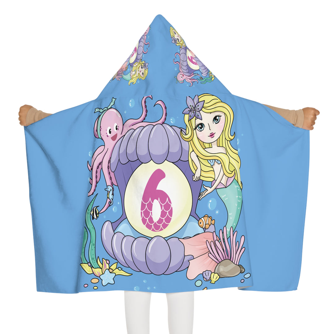 Mermaid Birthday Hooded Towel — Personalized Age 6 Kids Beach & Pool Towel