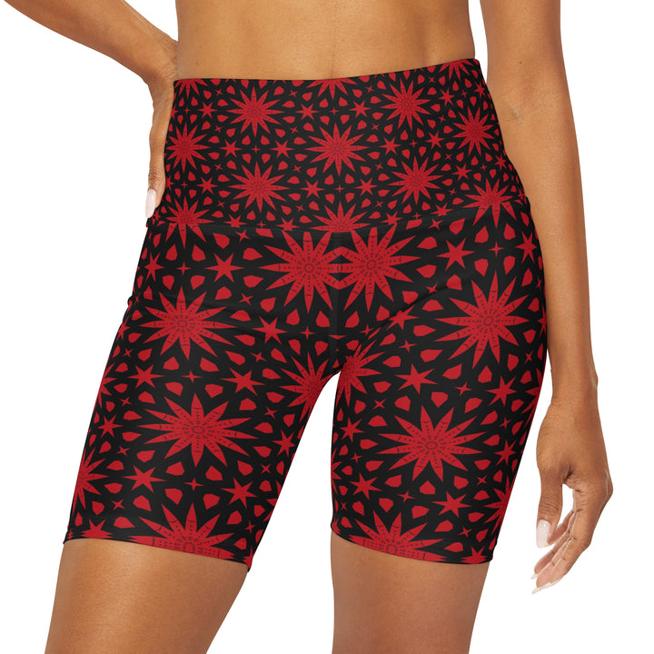 High Waisted Yoga Shorts - Red Spiral Star