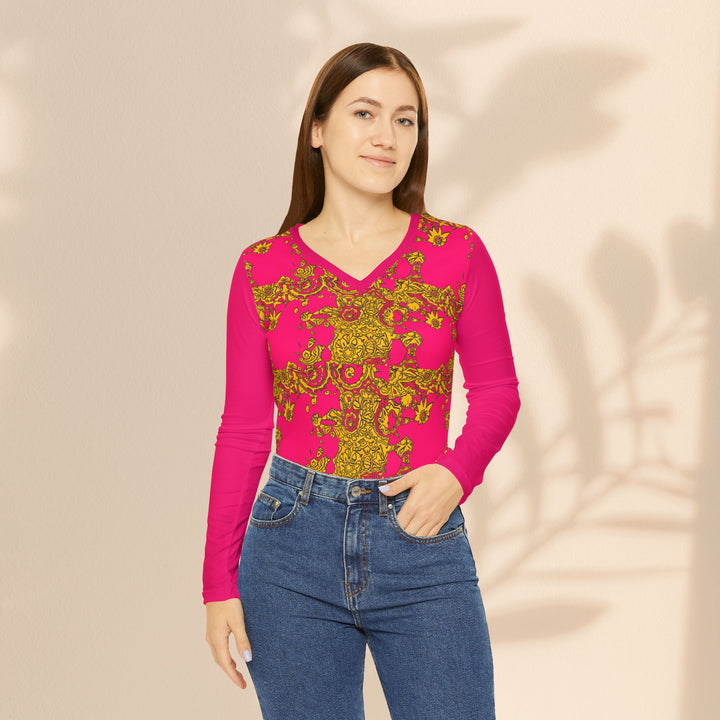 Women's Long Sleeve V-Neck Shirt — Bold Hot Pink & Gold Baroque Floral All-Over Print