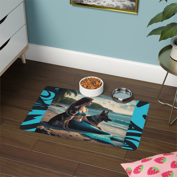 Pet Food Mat (12x18) - Mermaid with German Shepherds