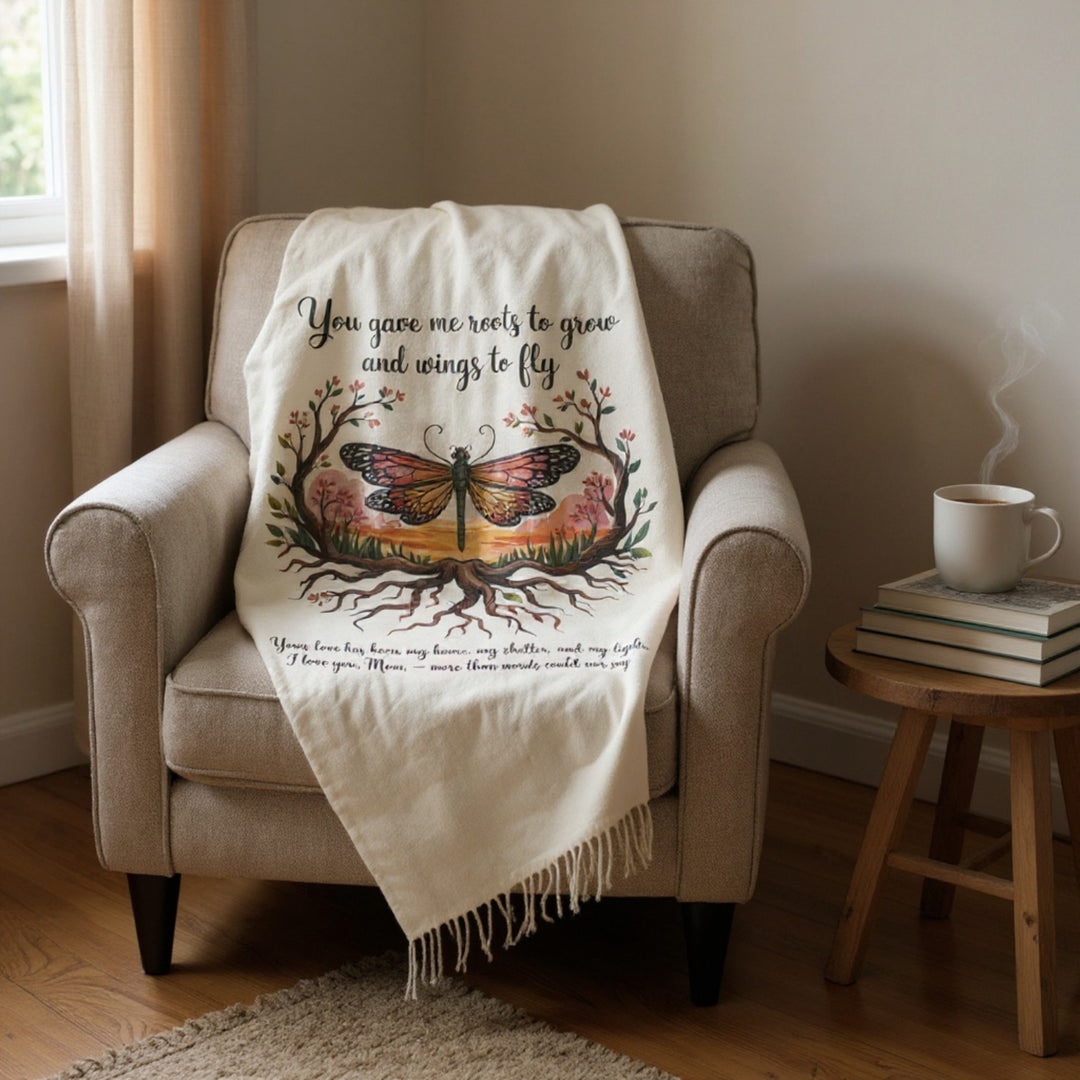 Roots to Grow, Wings to Fly – Velveteen Plush Blanket - Perfect Gift for Mom