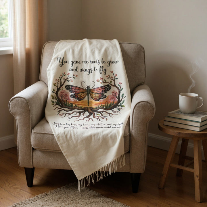 Roots to Grow, Wings to Fly – Velveteen Plush Blanket - Perfect Gift for Mom