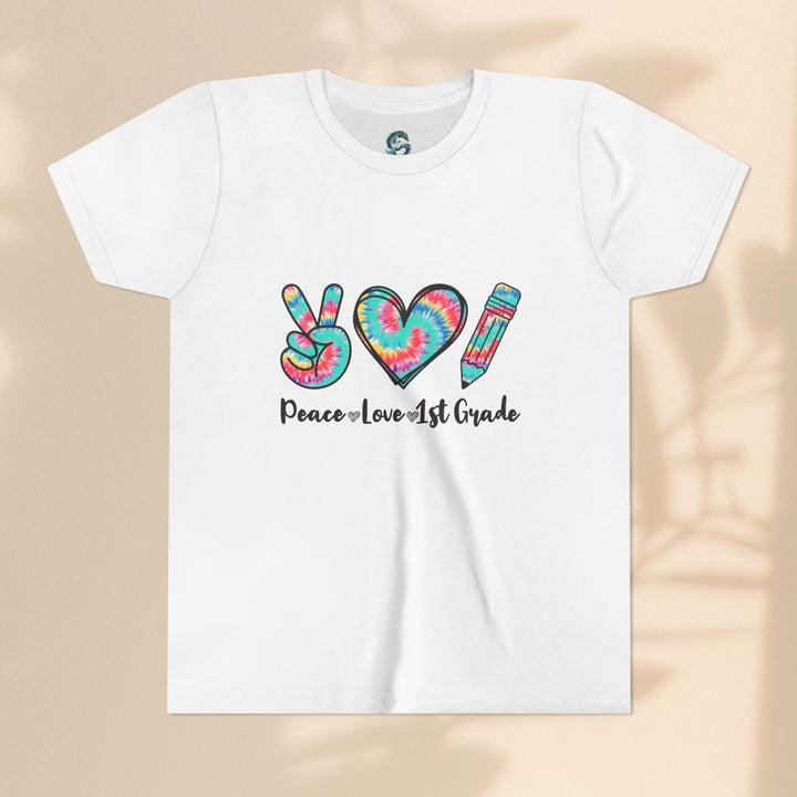 Peace Love 1st Grade Youth Tee, Tie-Dye Kids Shirt, Back to School Outfit, Child's Birthday Gift, Teacher Appreciation Gift