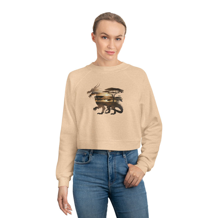 Double Exposure Dragon Sunset Women's Cropped Fleece Pullover - Stylish & Cozy Casual Wear