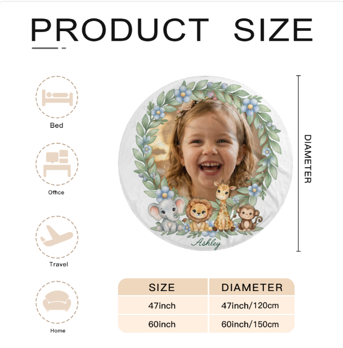 Personalized Baby Safari Round Blanket – Upload Your Child's Photo