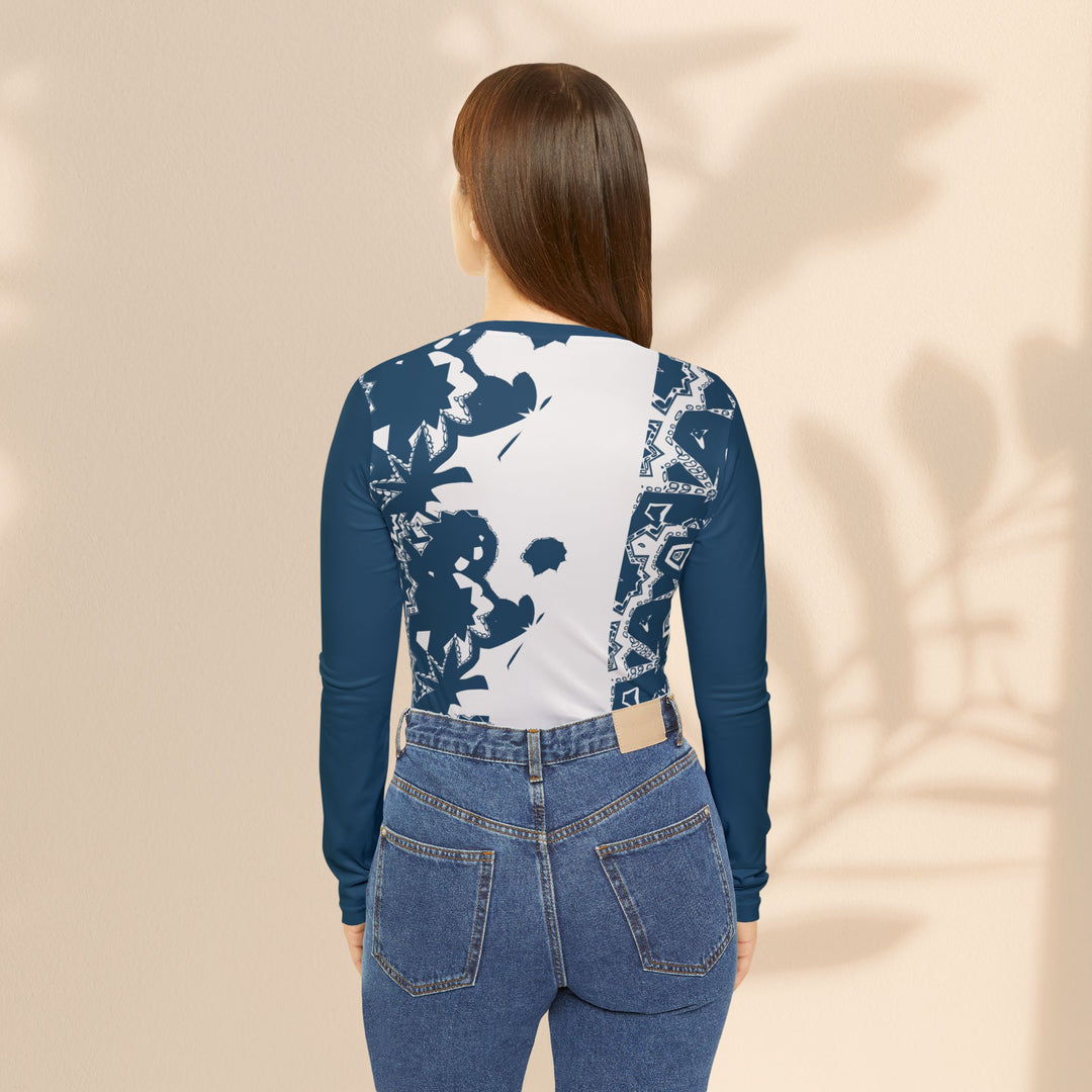 Floral Indigo V-Neck Long Sleeve Shirt — Women's Patterned V-Neck