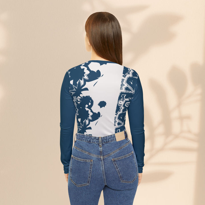 Floral Indigo V-Neck Long Sleeve Shirt — Women's Patterned V-Neck
