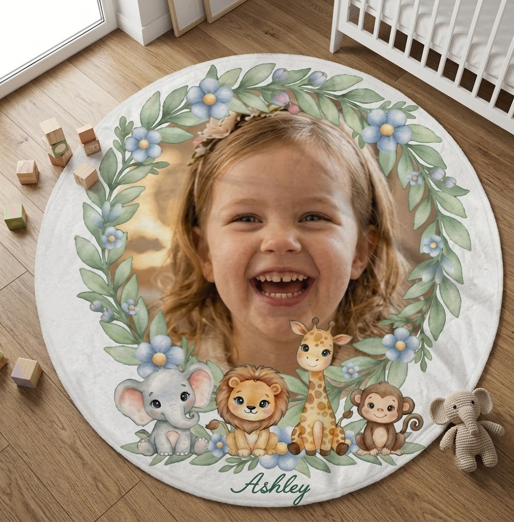 Personalized Baby Safari Round Blanket – Upload Your Child's Photo