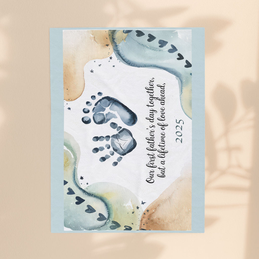 First Father's Day Velveteen Plush Blanket - Custom Handprint Design for Baby's First Year