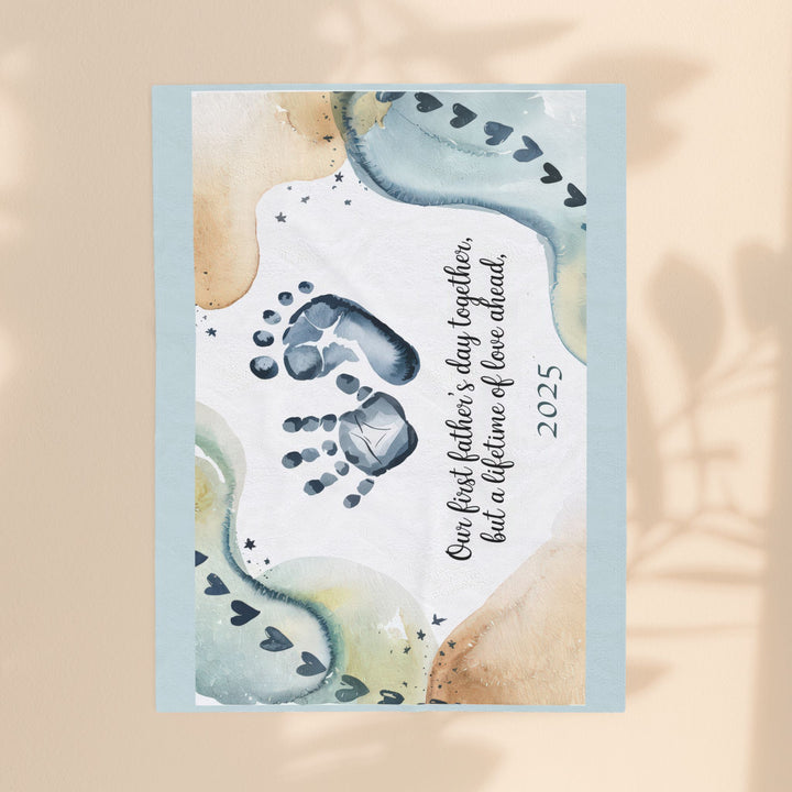 First Father's Day Velveteen Plush Blanket - Custom Handprint Design for Baby's First Year