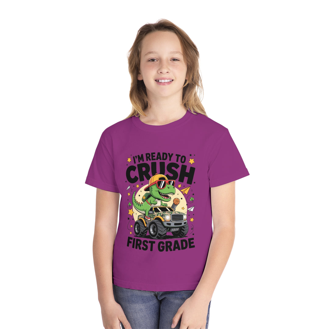 Youth Midweight Tee, Fun Dino T-Shirt, First Grade Shirt, Kids Birthday Gift, Back to School Apparel, Cute Graphic Tee, Dinosaur Print