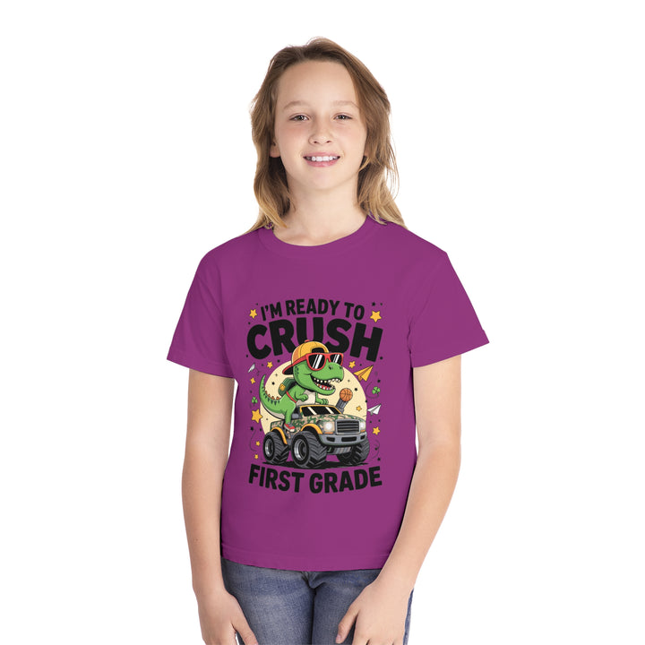 Youth Midweight Tee, Fun Dino T-Shirt, First Grade Shirt, Kids Birthday Gift, Back to School Apparel, Cute Graphic Tee, Dinosaur Print
