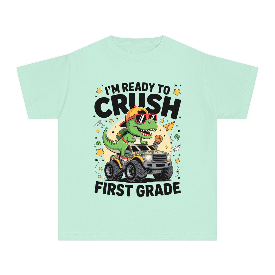 Youth Midweight Tee, Fun Dino T-Shirt, First Grade Shirt, Kids Birthday Gift, Back to School Apparel, Cute Graphic Tee, Dinosaur Print