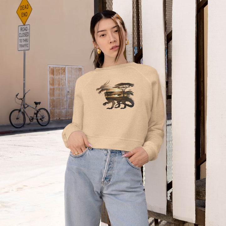 Double Exposure Dragon Sunset Women's Cropped Fleece Pullover - Stylish & Cozy Casual Wear