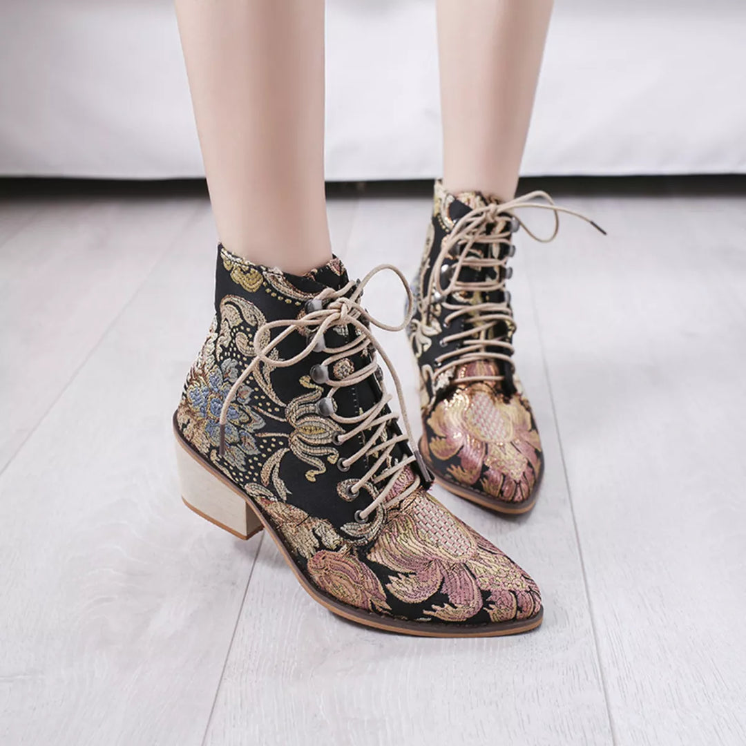 Embroidered Floral Lace-Up Ankle Boots – Vintage Boho Style