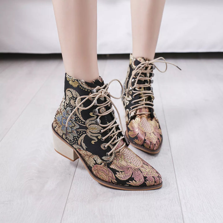 Embroidered Floral Lace-Up Ankle Boots – Vintage Boho Style