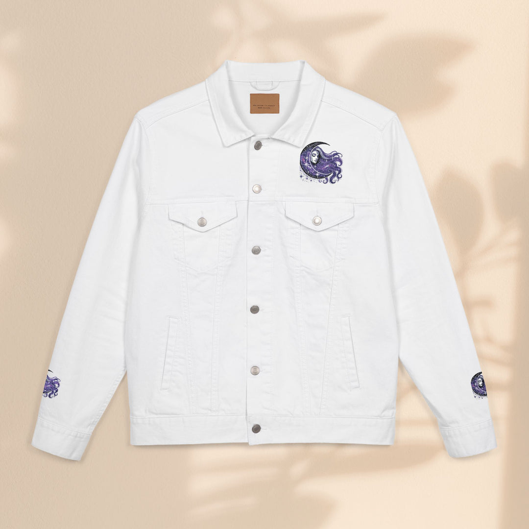 Moon Woman Bohemian Embroidered Denim Jacket – Trendy White Jean Festival Wear & Unique Gift