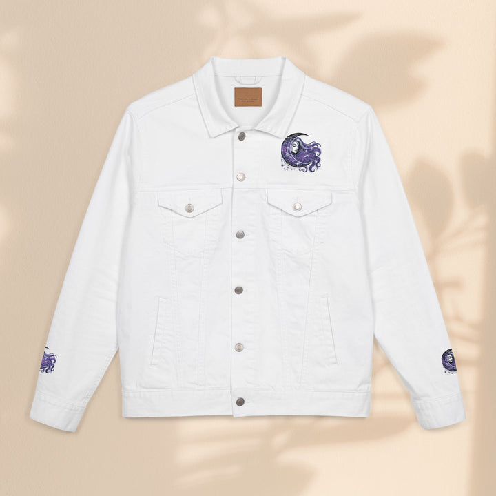 Moon Woman Bohemian Embroidered Denim Jacket – Trendy White Jean Festival Wear & Unique Gift