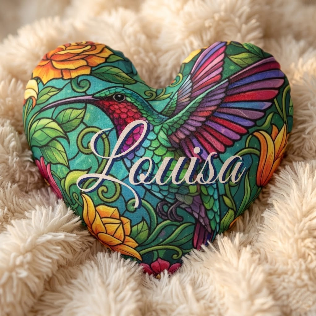 Personalized Hummingbird Heart Pillow with Custom Name