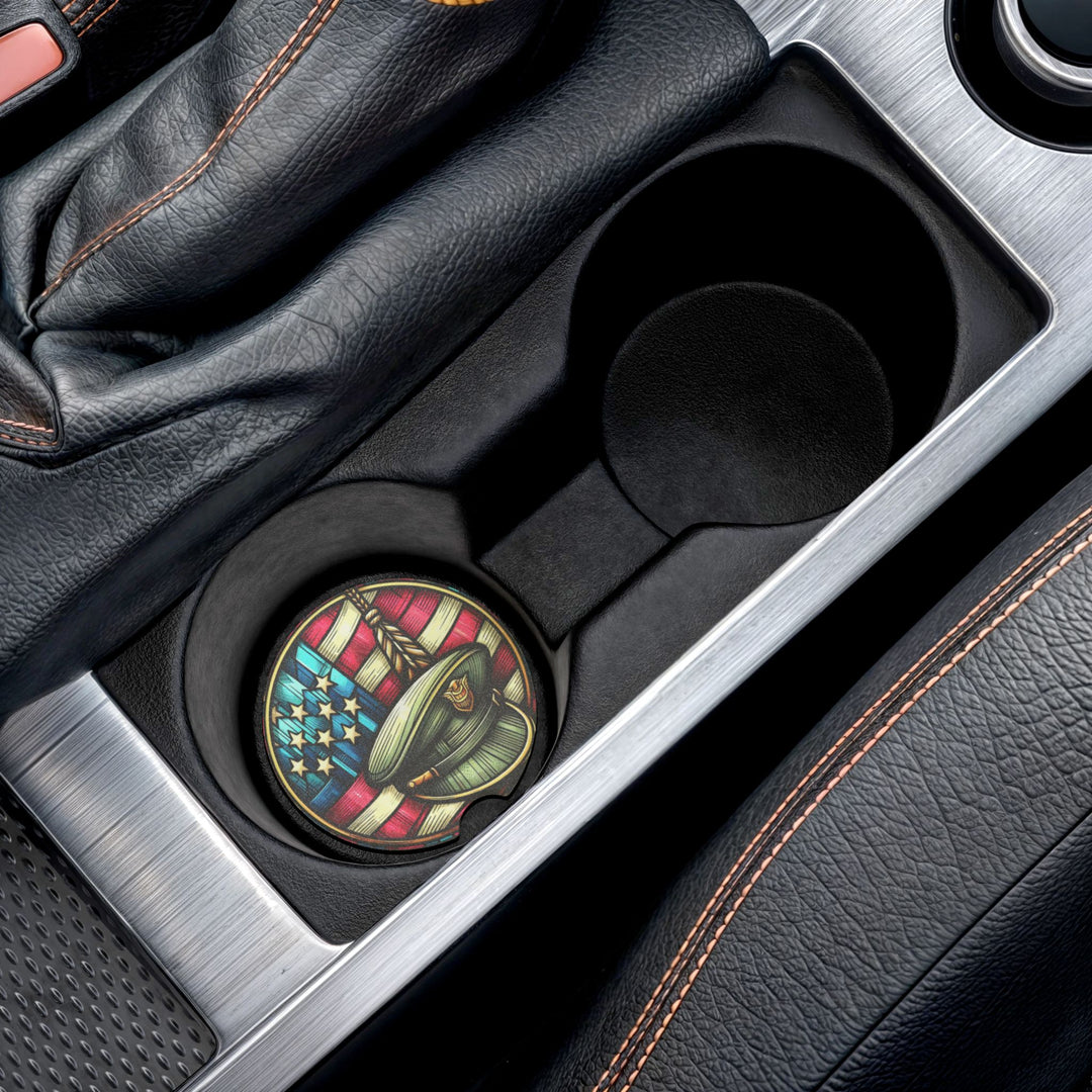 Patriotic Soapstone Car Coaster - USA Flag & Military Hat Design for Veterans and Car Enthusiasts