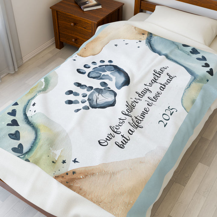First Father's Day Velveteen Plush Blanket - Custom Handprint Design for Baby's First Year