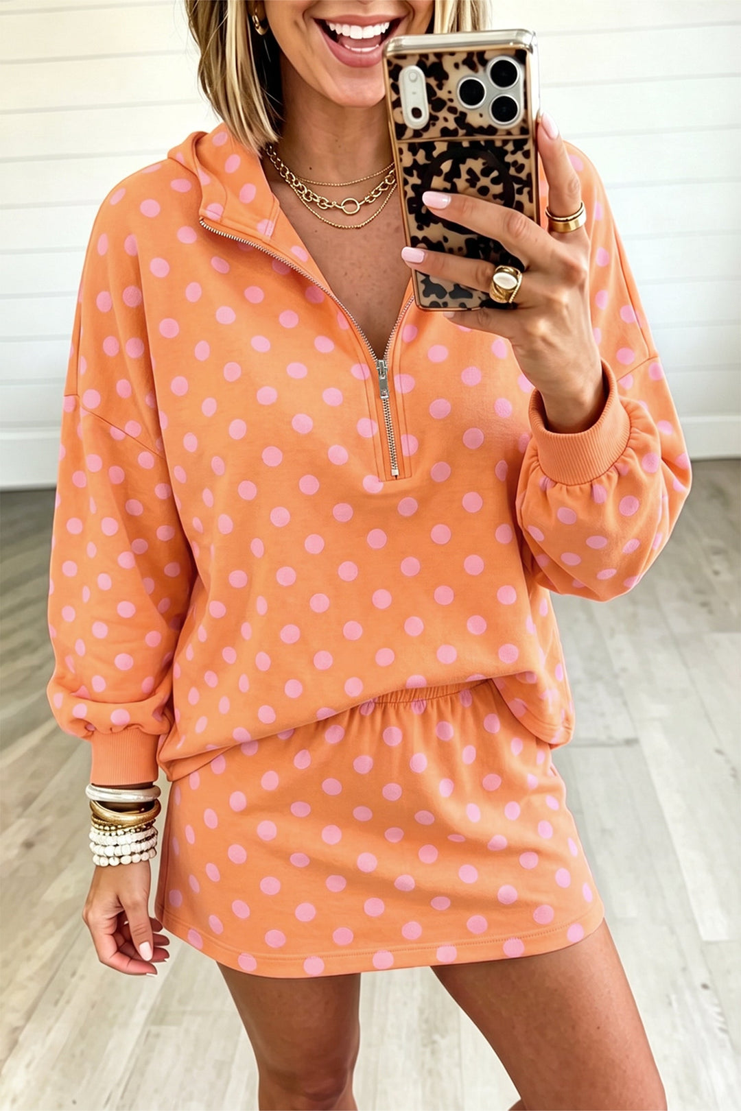 Women’s Pink Polka Dot Hooded Top and Mini Skort Set