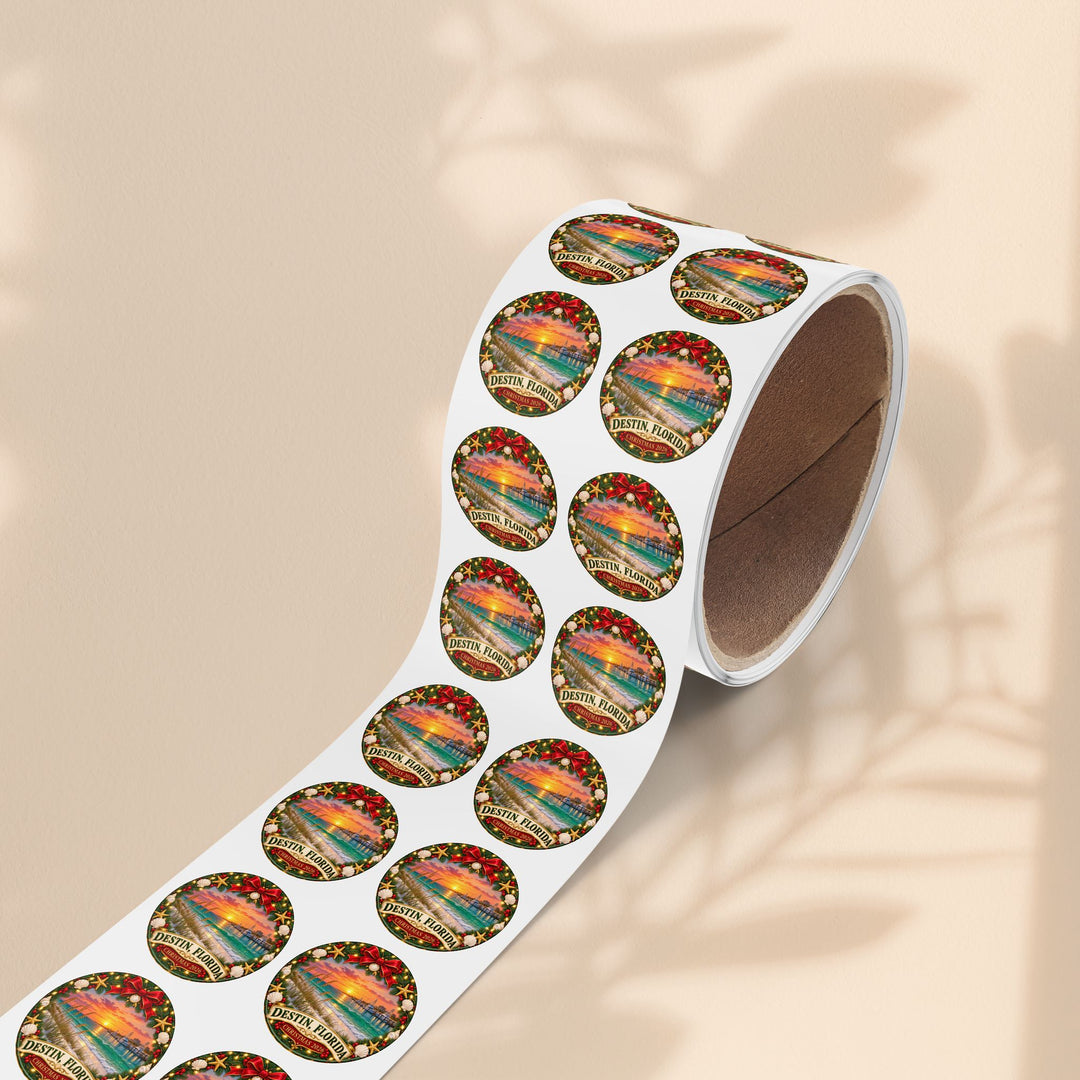 Destin, Florida Christmas Round Sticker Rolls – Holiday Beach Sunset Labels (Pack)