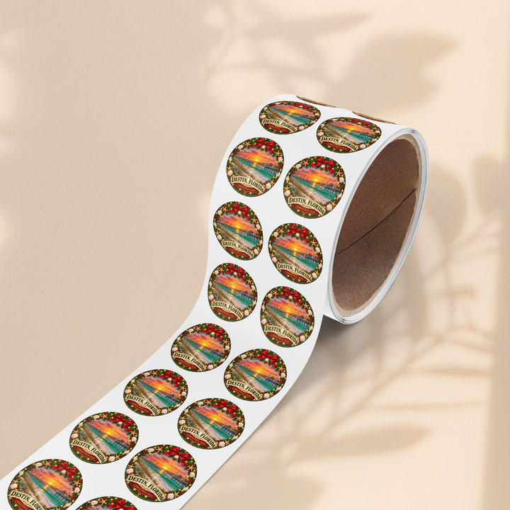 Destin, Florida Christmas Round Sticker Rolls – Holiday Beach Sunset Labels (Pack)