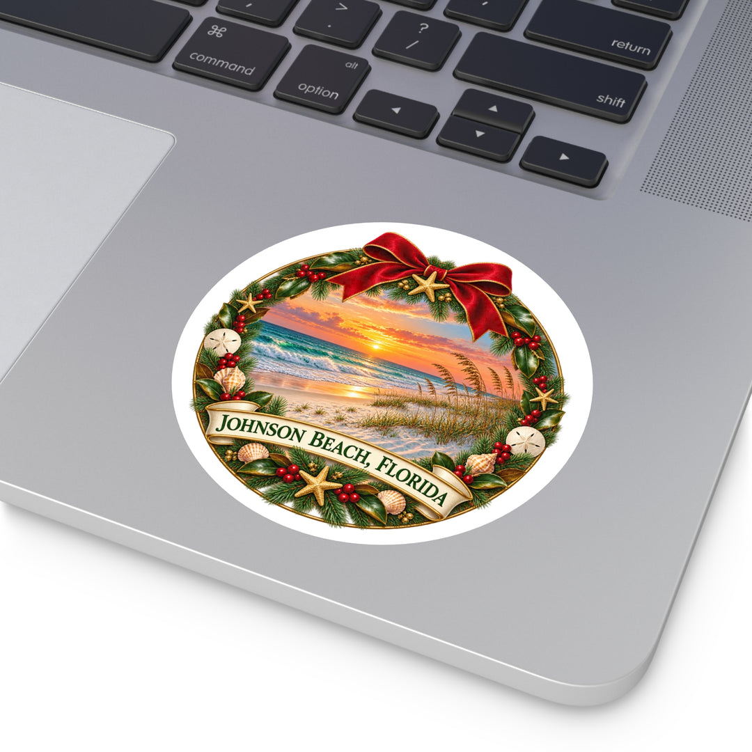 Johnson Beach Florida Christmas Sticker – Holiday Wreath Sunset