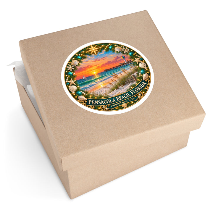 Pensacola Beach Christmas 2026 Round Sticker – Florida Sunset