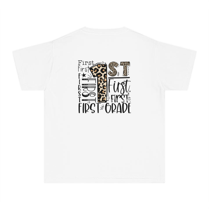 Leopard Print First Grade Youth Tee, Trendy Kids T-Shirt, Back to School Outfit, Gift for First Graders, Fun Learning Apparel