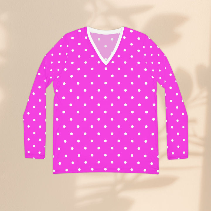 Polka Dot V-Neck Long Sleeve Shirt — Pink All-Over Print