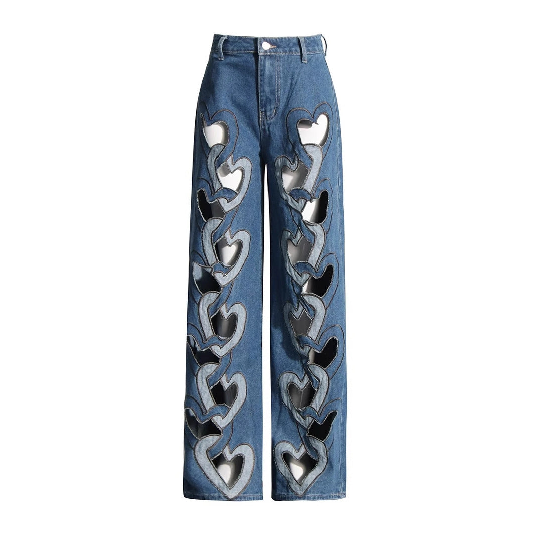 High Waist Heart Cutout Wide Leg Jeans | Women's Trendy Denim Pants